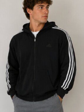 Adidas Black 3-Stripes Full Zip Hoodie XL Fleece Lined Athletic Jacket